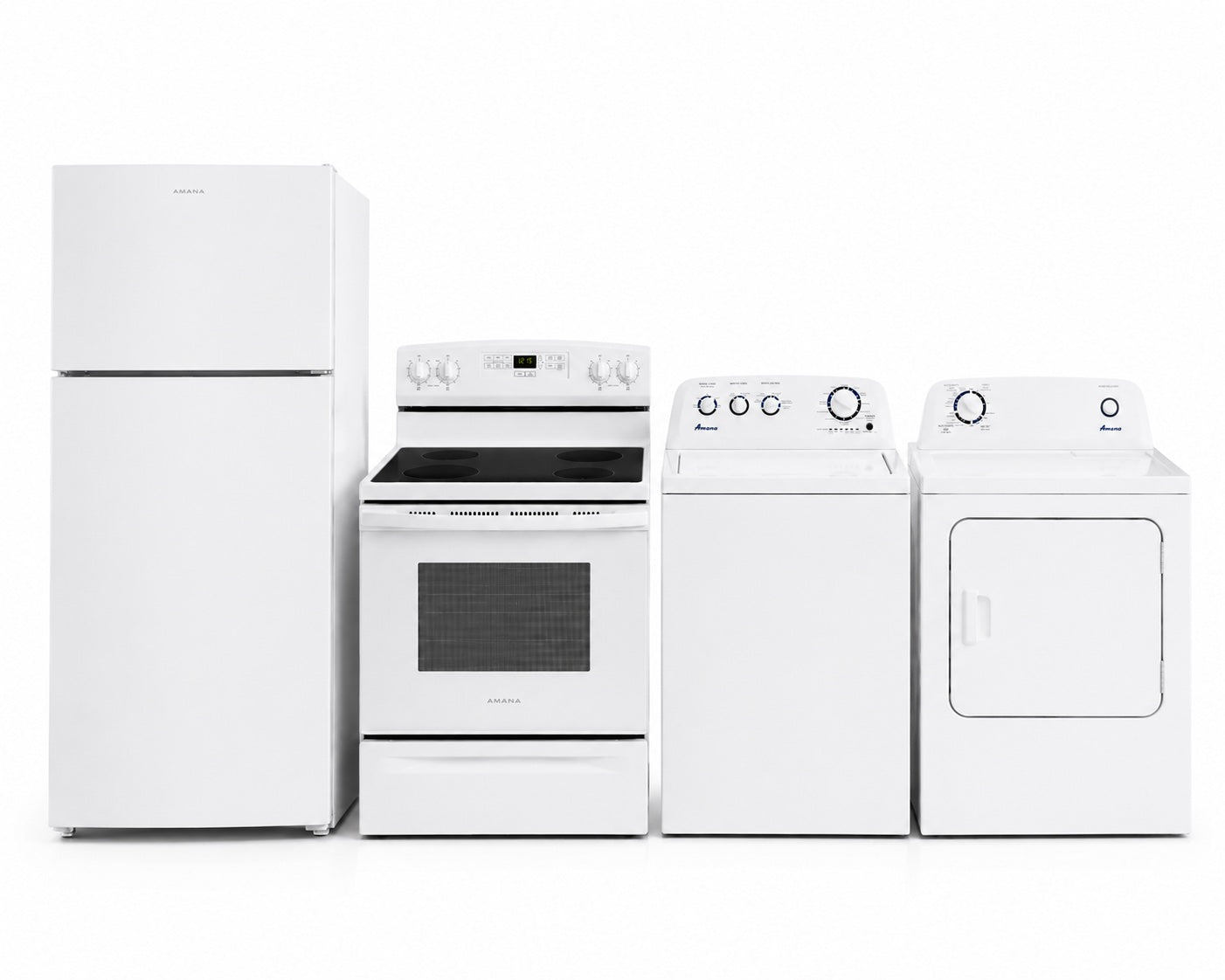 Amana Ensemble 4 électroménagers – Réfrigérateur ARTX2419SW, Cuisinière YAER6303MFW, Laveuse NTW4519SW et Sécheuse YNED4655EW - Blanc - Neuf/Boîte ouverte