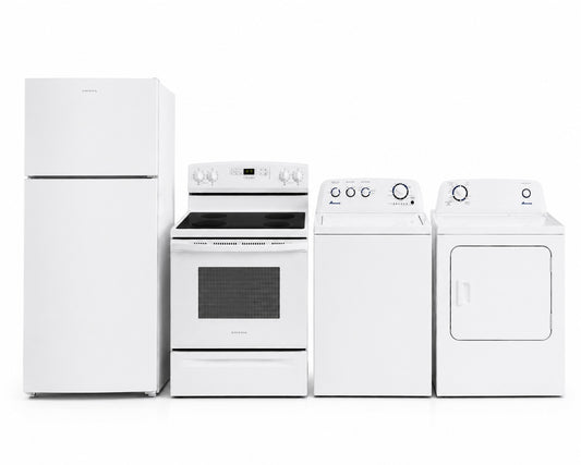 Amana Ensemble 4 électroménagers – Réfrigérateur ARTX2419SW, Cuisinière YAER6303MFW, Laveuse NTW4519SW et Sécheuse YNED4655EW - Blanc - Neuf/Boîte ouverte