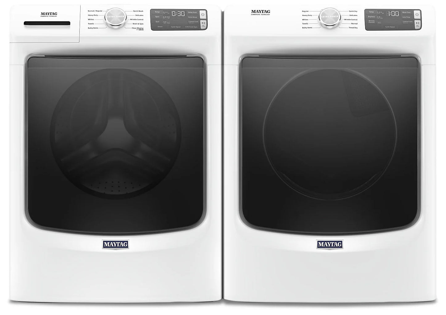 Maytag Ensemble laveuse frontale 5,2 pi³ avec Extra Power et sécheuse électrique 7,3 pi³ – Modèles MHW5630HW & YMED5630HW - Blanc - Neuf/Boîte ouverte